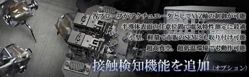 ナノプローブ表面電気特性測定装置。接触探知機能を追加。各プローブがアクチュエータとしてXYZ軸の制御が可能。半導体表面の任意位置で電気特性測定に最適。小型、軽量で市販のSEMにも取り付け可能。超高真空、超低温環境でも動作可能。